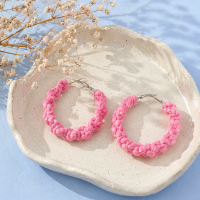 Pink braided fabric hoop earrings
